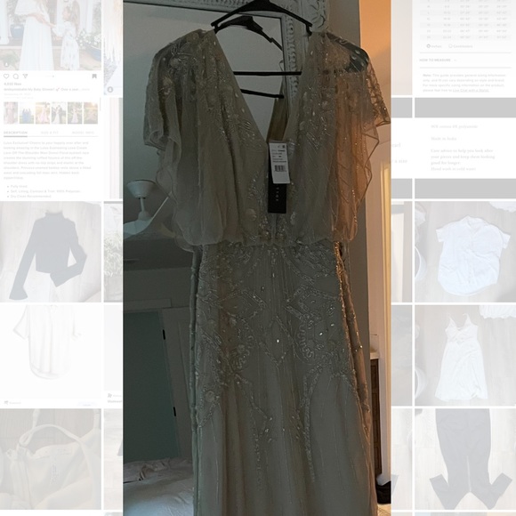 Aidan Matrix Gold Beaded Flutter Sleeve V Neck Gown - Picture 4 of 6